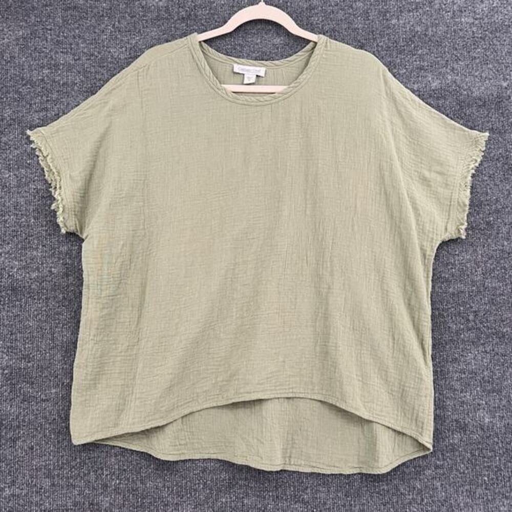 Coldwater Creek Top Womens Medium Olive Green Gauzy Short Sleeve Lagenlook Boxy